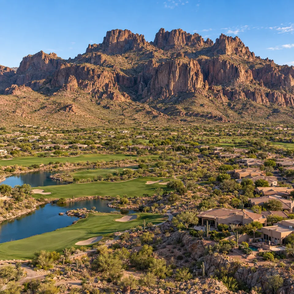 Aerial drone view of a desert golf course in Gold Canyon, Arizona, set against the Superstition Mountains.