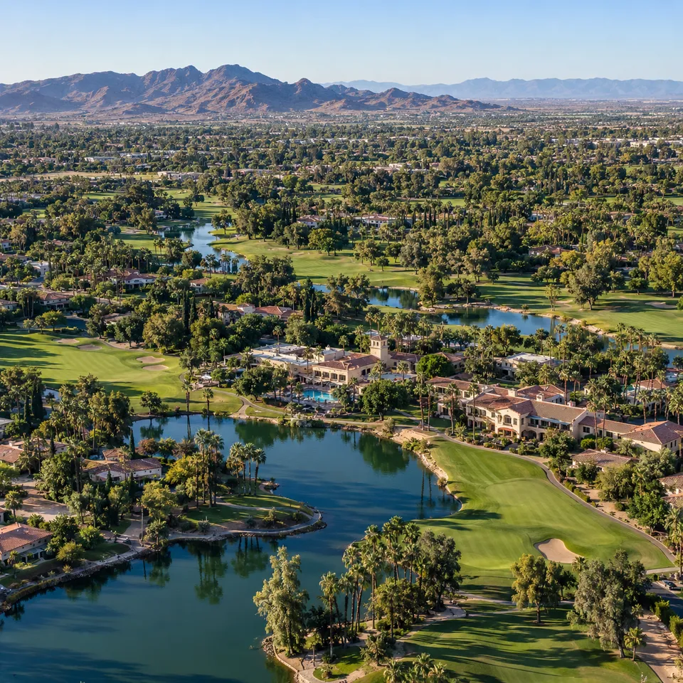 Aerial drone view of the Wigwam resort's golf courses and mature tree canopy in Litchfield Park, Arizona.