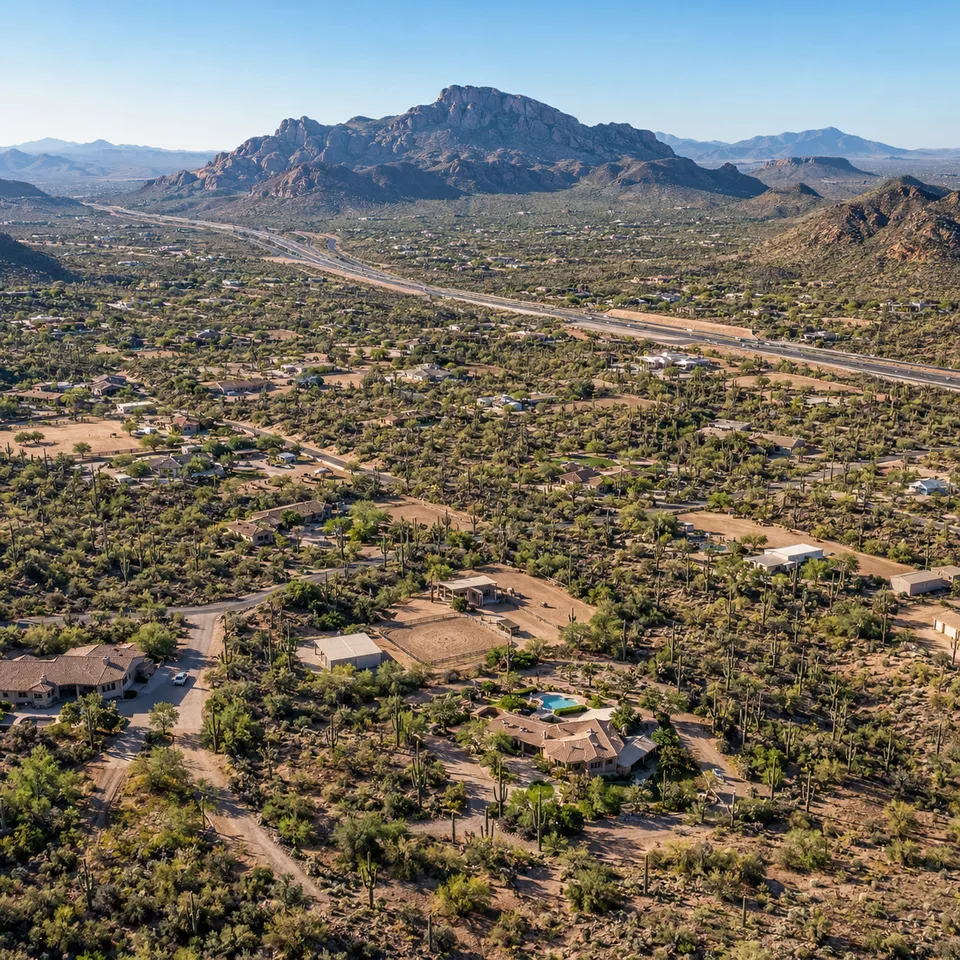 Aerial drone view of rural high-desert ranch properties along the I-17 corridor in New River, Arizona.