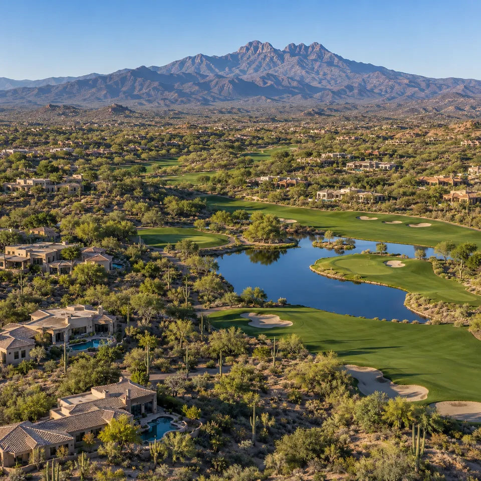 Aerial drone view of a desert golf course community in Rio Verde, Arizona, with Four Peaks in the distance.