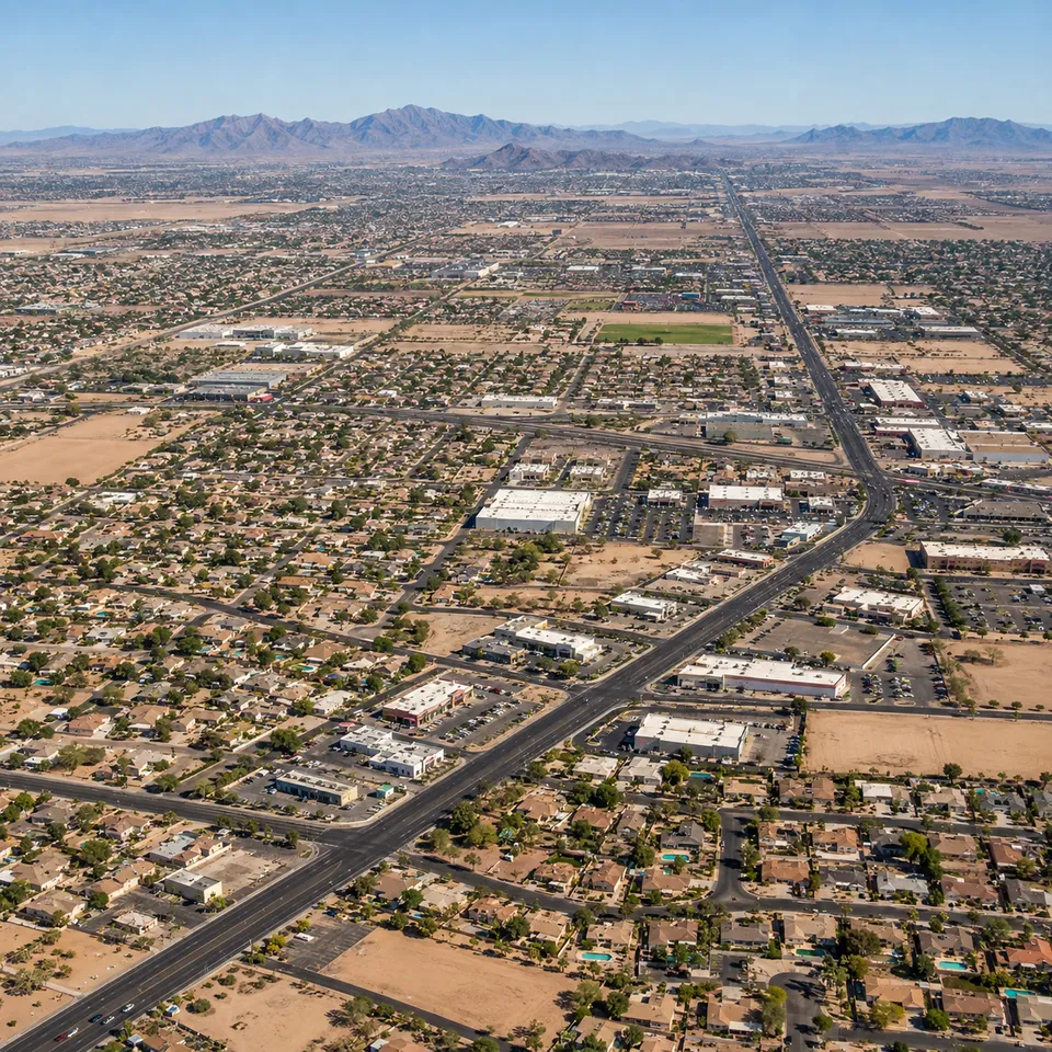 Aerial drone view of an established residential grid in El Mirage, Arizona, bordering open desert and farmland.