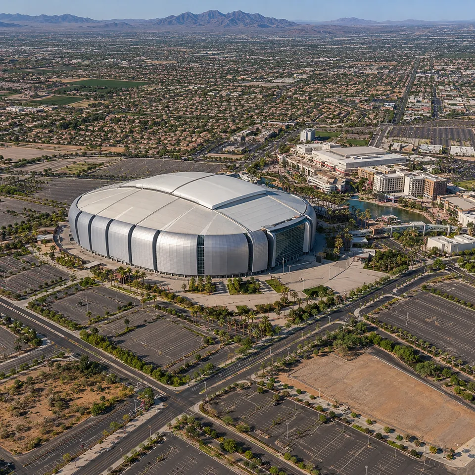 Aerial drone view of State Farm Stadium and the Westgate Entertainment District in Glendale, Arizona.