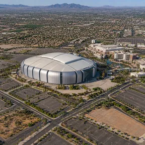 Aerial drone view of State Farm Stadium and the Westgate Entertainment District in Glendale, Arizona.