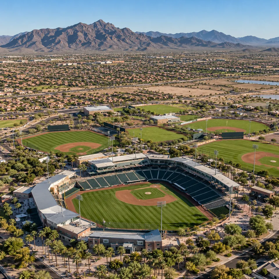 Aerial drone view of Goodyear Ballpark's spring training stadium and practice fields in Goodyear, Arizona.
