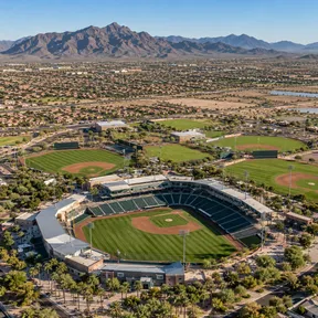 Aerial drone view of Goodyear Ballpark's spring training stadium and practice fields in Goodyear, Arizona.