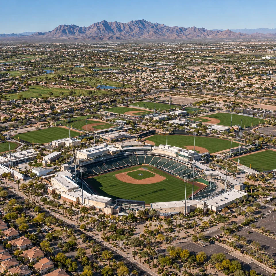 Aerial drone view of the Surprise Stadium spring training complex in Surprise, Arizona.
