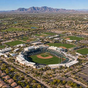 Aerial drone view of the Surprise Stadium spring training complex in Surprise, Arizona.