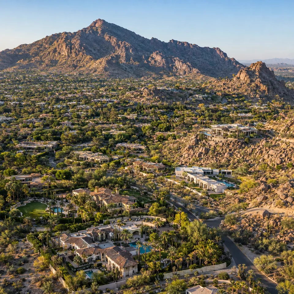 Aerial drone view of luxury estates beneath Camelback Mountain in Paradise Valley, Arizona.