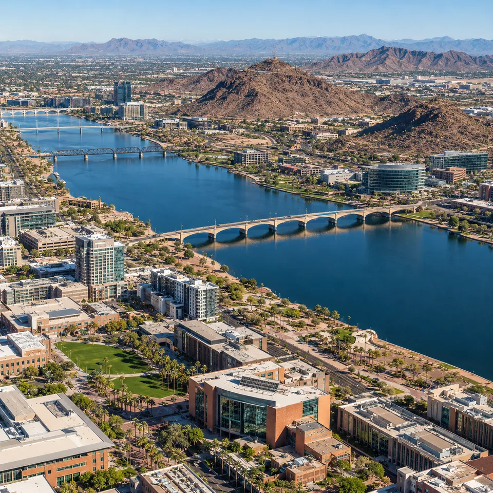 Aerial drone view of Tempe Town Lake and Tempe Butte in Tempe, Arizona.