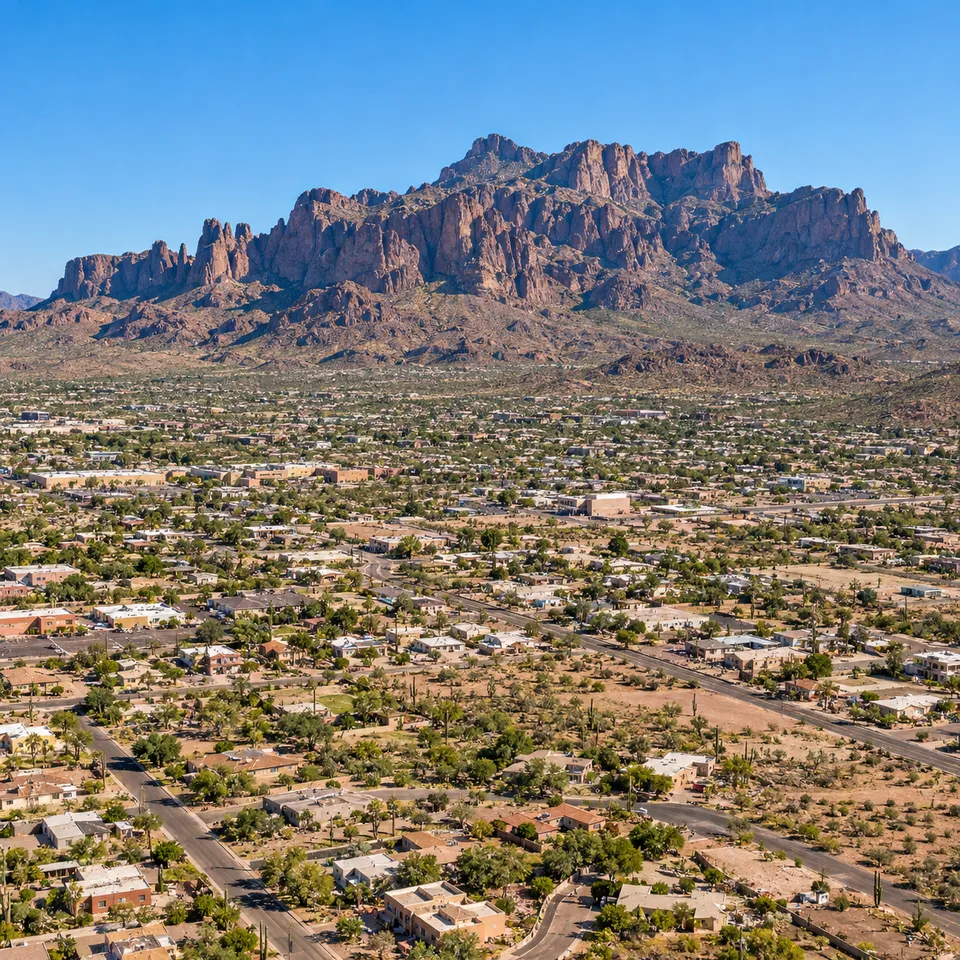 Aerial drone view of Apache Junction, Arizona, with the jagged Superstition Mountains rising behind the town.