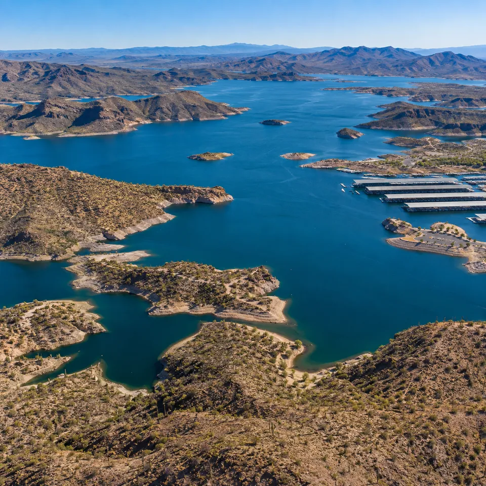 Aerial drone view of Lake Pleasant's marina and reservoir near Peoria, Arizona.