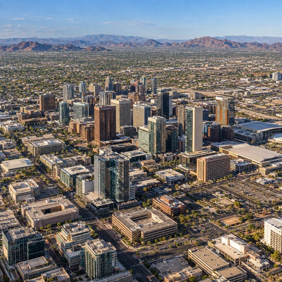 Aerial drone view of the downtown Phoenix, Arizona skyline with mountains in the background.