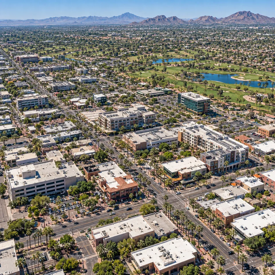 Aerial drone view of a golf course and lake community near downtown Chandler, Arizona.