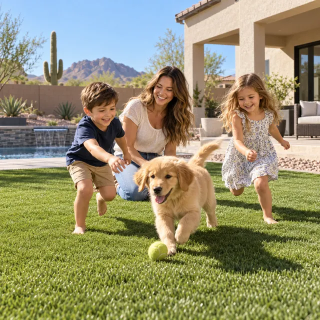 A mom playing in the backyard with her two kids and their puppy at their Arizona home.