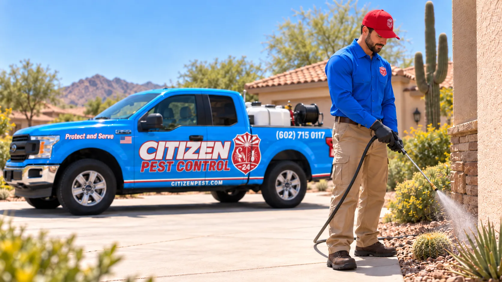 A Heritage Pest Control technician treating a home's exterior in front of the company's service truck.