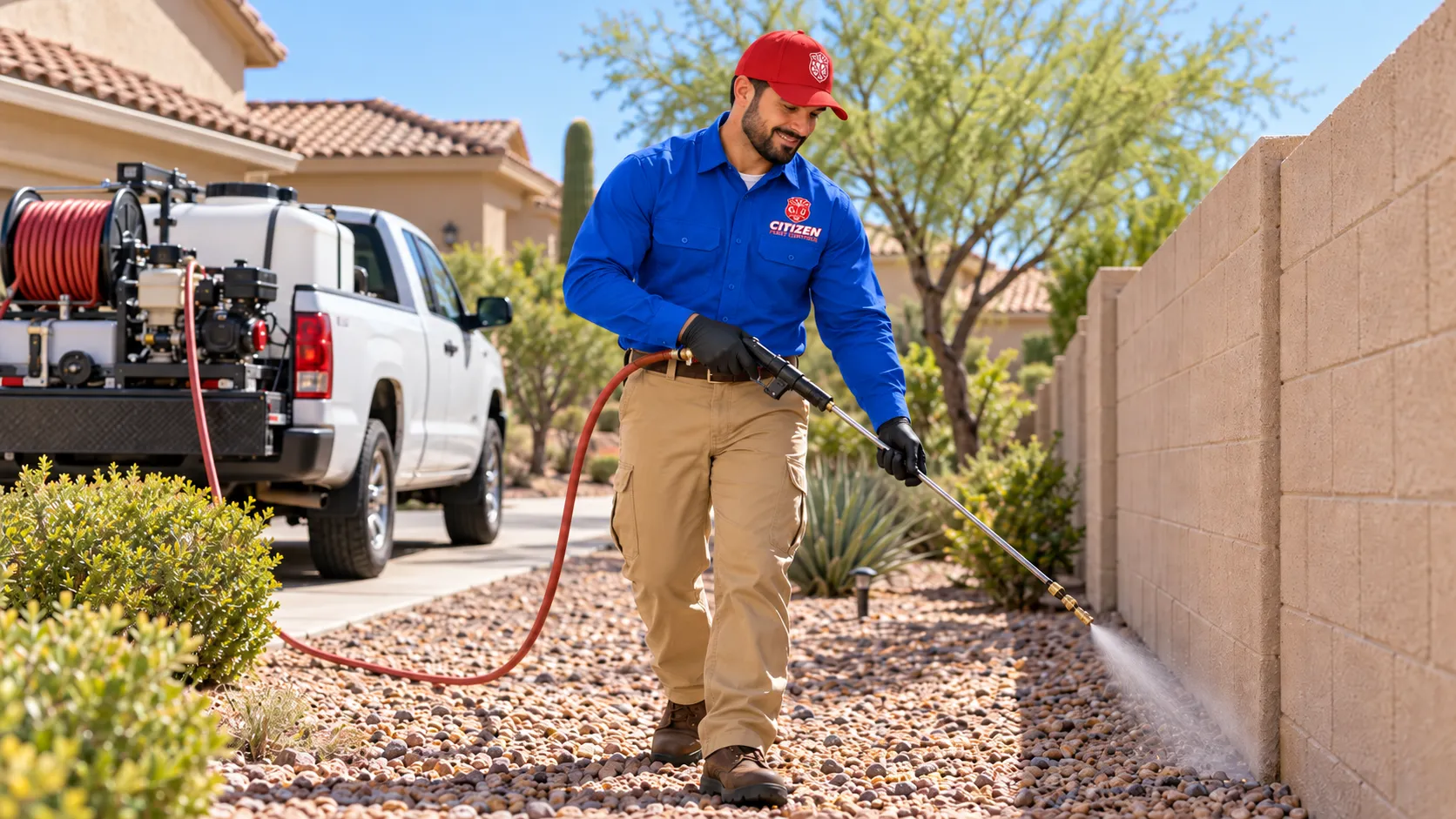 A Heritage Pest Control technician treating a perimeter wall with a truck-mounted sprayer