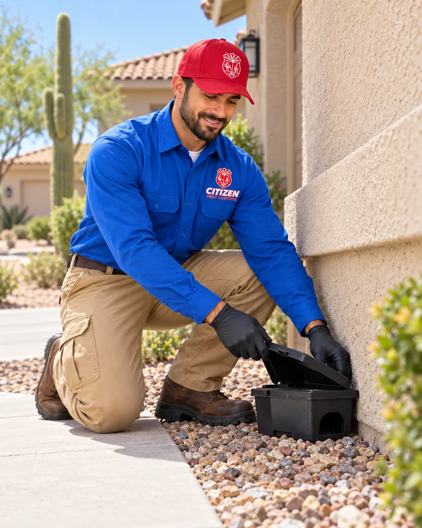 A Heritage Pest Control technician inspecting a bait box
